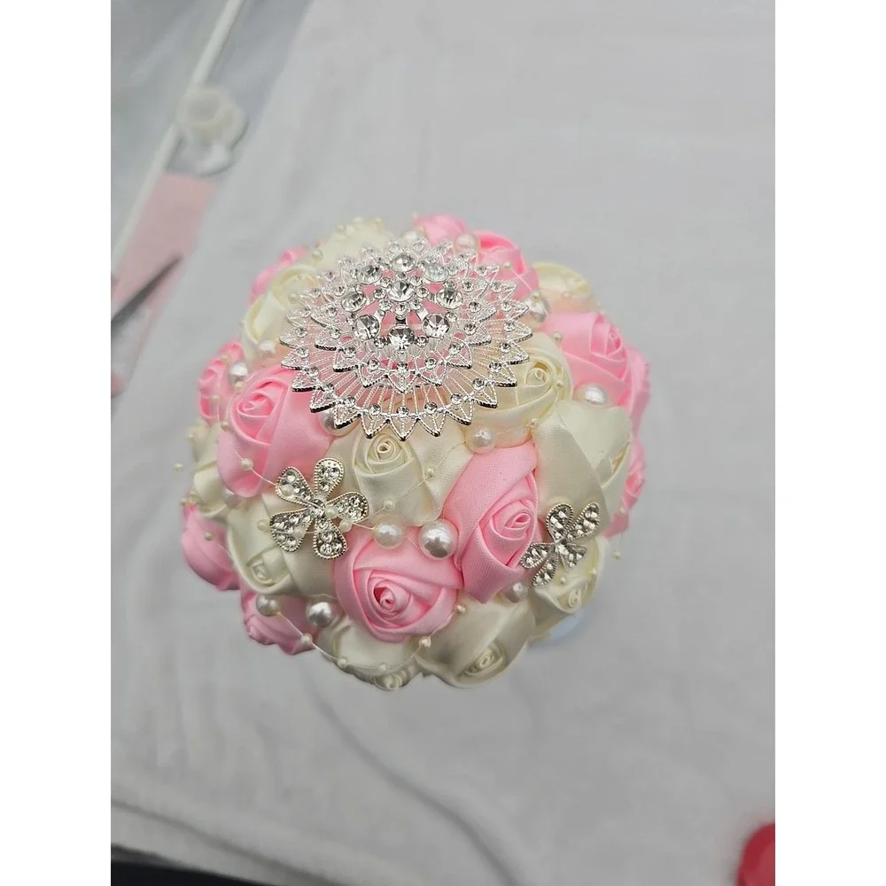 Pink & White Rose Flower Rhinestone Pearl Wedding Bridal Bouquet